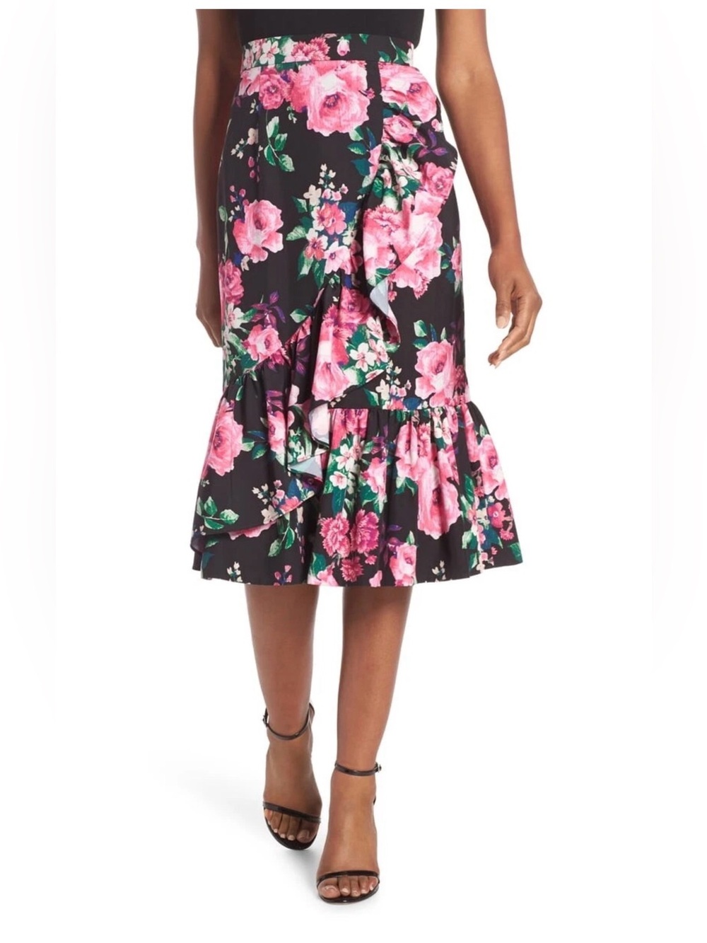 NWT Eliza J Black And Pink Floral Ruffle Faux Wrap Midi Skirt, Size 2